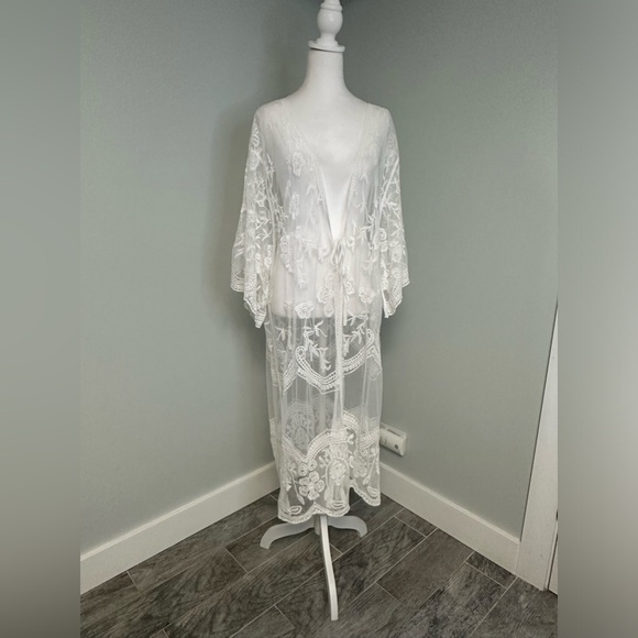 Boho Lace Cover Up Maxi White Beach Swimwear Summer  Duster Sexy Kimono - Picture 3 of 16